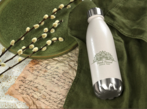 White branded insulated water bottle with Fresh Pressed Juice Bar logo engraving