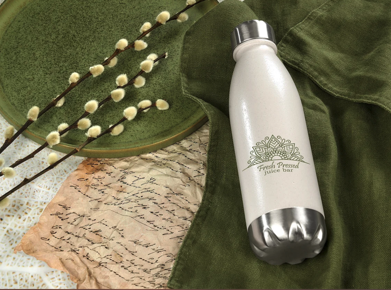 White branded insulated water bottle with Fresh Pressed Juice Bar logo engraving