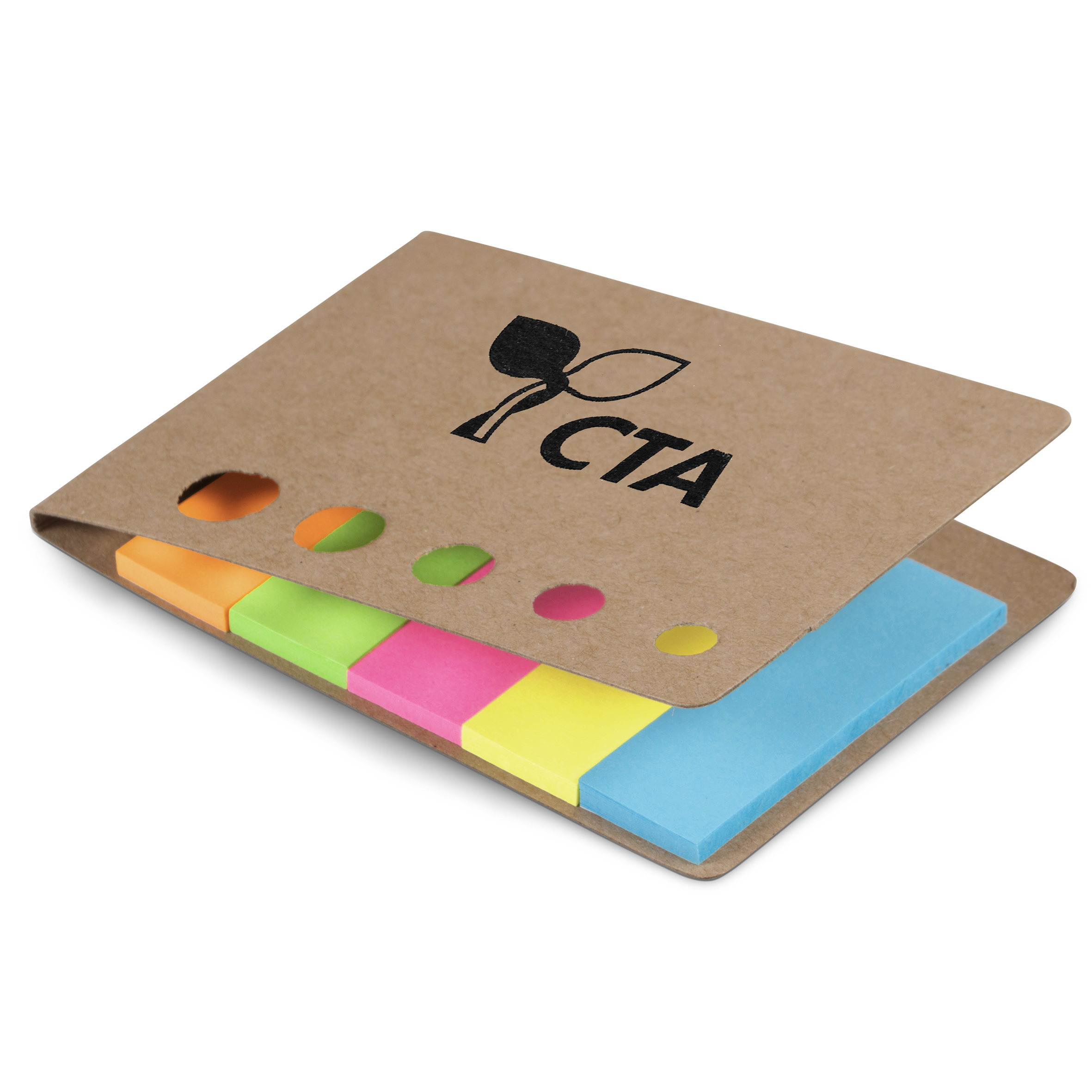 Eco-friendly branded sticky note set with recycled kraft cardboard cover and colourful sticky tabs, branded with a custom logo