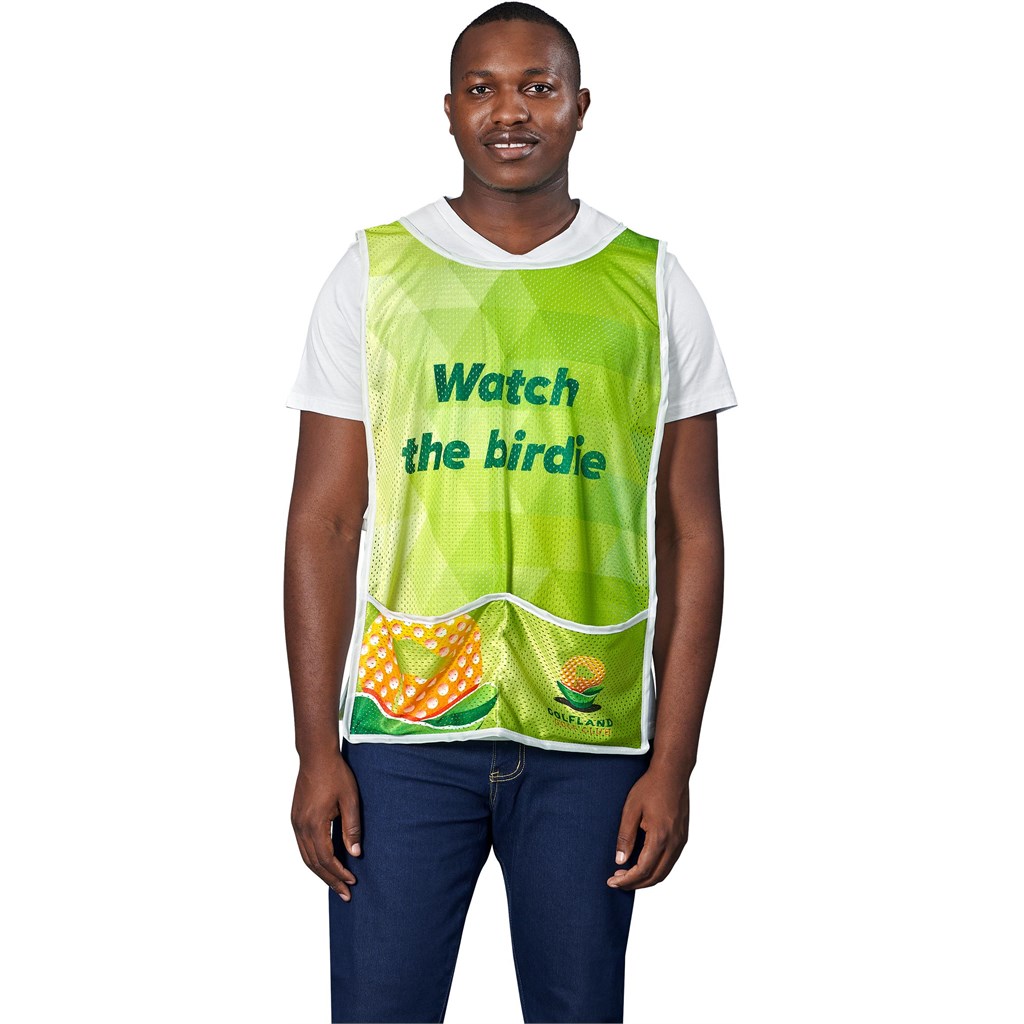 Pre-Production Sample Hoppla Jackal Polyester Caddy Bib with PVC Name Sleeve Corporate Gifting